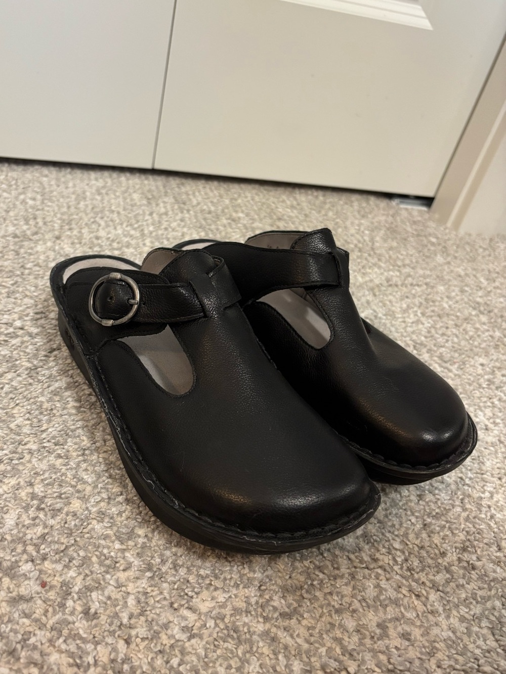 Alegria Black Leather Clog Mules with Buckle